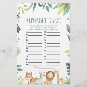 Safari Wild Zoo Dieren Alfabet Baby Shower Spel Briefpapier