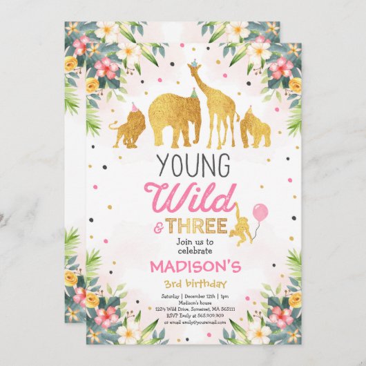 Safari Young Wild and Three Birthday Invitation Kaart (Voorkant / Achterkant)