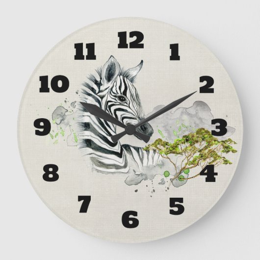 Safari Zebra met Green Savannah Trees Waterverf Grote Klok (Voorkant)