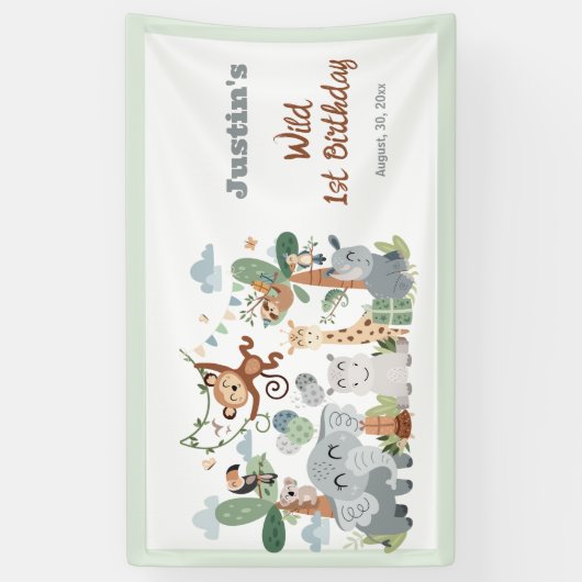 Safari ZOO Dieren Wild One Boy 1e Verjaardag Spandoek (Verticaal)