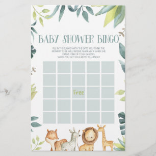 Safari Zoo Oerwoud Dieren Bingo Baby shower Spel Briefpapier