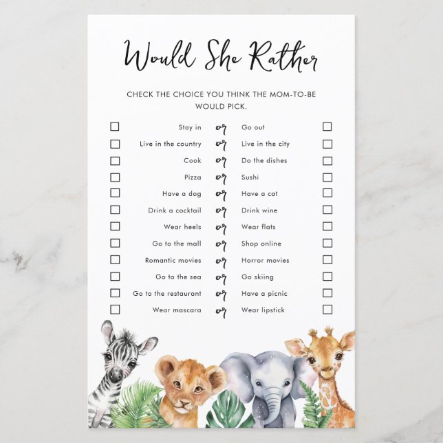 Safari zou ze liever Baby shower gamen Kaart (Voorkant)