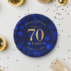 Saffierblauwe Bokeh Proost op 70 Jaar Verjaardag Papieren Bordje
