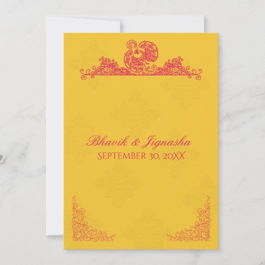 Saffraan en roze pauw Indiase bruiloft uitnodiging (Voorkant)