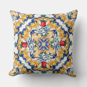 Saffraan Rode Bloemrijke Siciliaanse Majolica Medi Kussen