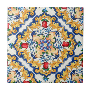 Saffraan Rood Bloemmotief Siciliaans Majolica Midd Tegeltje