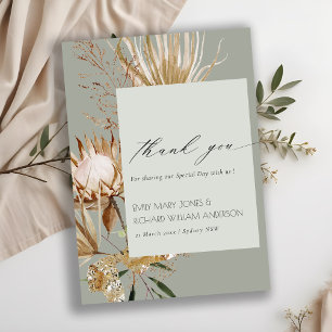Saga Green Boho Protea Dried Palm Floral Wedding Bedankkaart