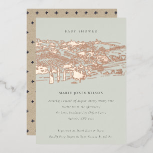 Saga Green Roos Gold Winery Sketch Baby shower Folie Uitnodiging