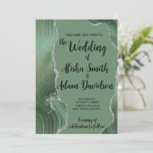 Sage Agate & Silver Glitter Wedding Uitnodiging (Staand voorkant)