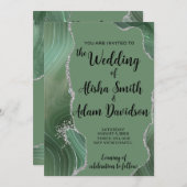 Sage Agate & Silver Glitter Wedding Uitnodiging (Voorkant / Achterkant)