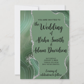 Sage Agate & Silver Glitter Wedding Uitnodiging