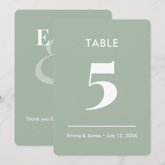 Sage Ampersand Mariage | Numéro de Table (Devant / Derrière)