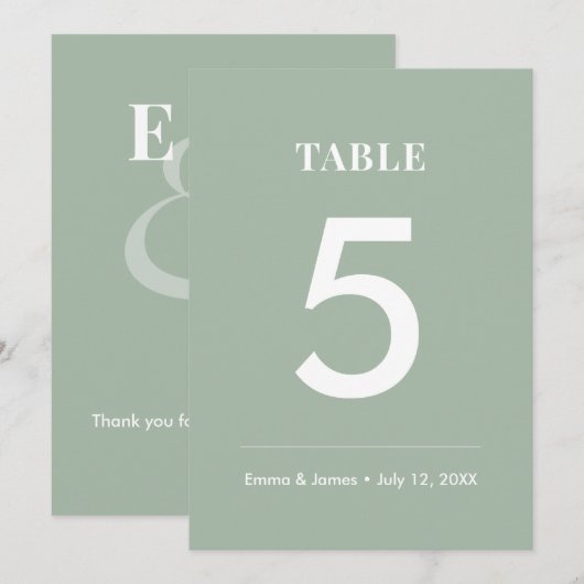 Sage Ampersand Mariage | Numéro de table moderne (Devant / Derrière)