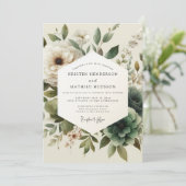 Sage Antique Bloom Wedding Kaart (Staand voorkant)