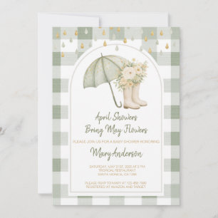 Sage April Showers Green Gingham Baby Shower Kaart