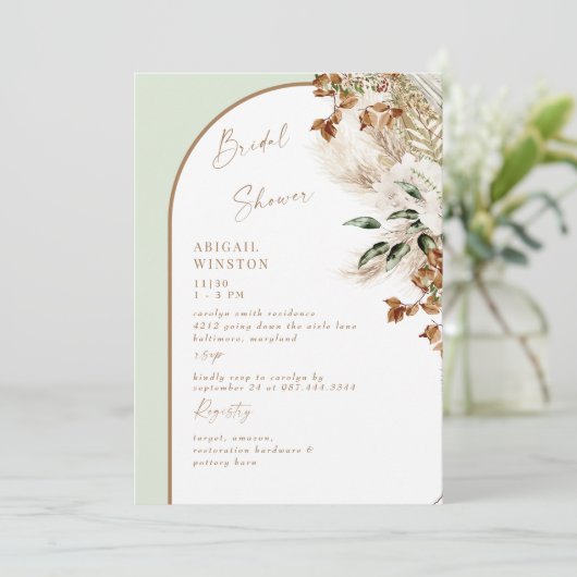 Sage Arch Pampas Boho Invitation de douche nuptial (Debout devant)
