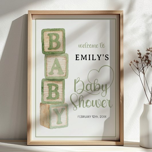 Sage Baby Blocks Baby Shower Welcome Poster