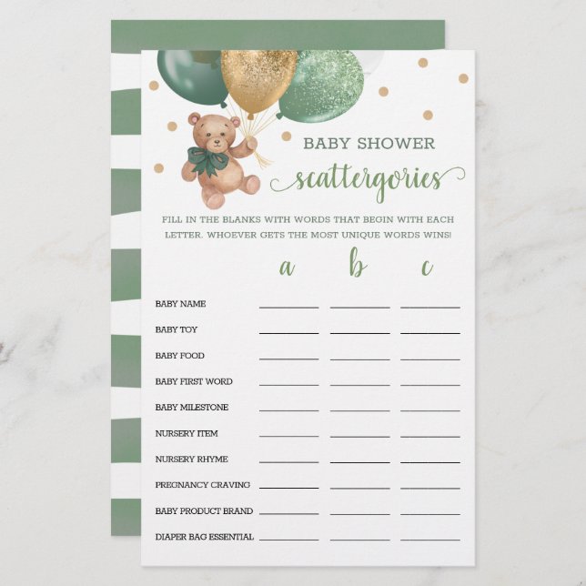 Sage Baby shower Scattergories Game Teddy Bear (Voorkant / Achterkant)
