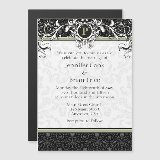 Sage Black Monogram Magnetic Wedding Invitation Magnetische Uitnodiging (Voorkant / Achterkant)