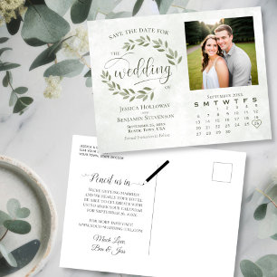 Sage Bladeren Foto & Kalender Trouw Save the Date Aankondigingskaart