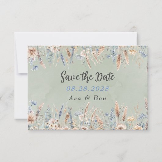 Sage Blue Wildflowers Wedding Save the Date Kaart (Voorkant)
