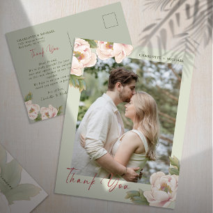 Sage & Blush Peony Floral Foto Weduwschap Dank je Briefkaart