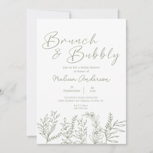 Sage Boho Bloemen Brunch Bruids Douche Uitnodiging (Voorkant)