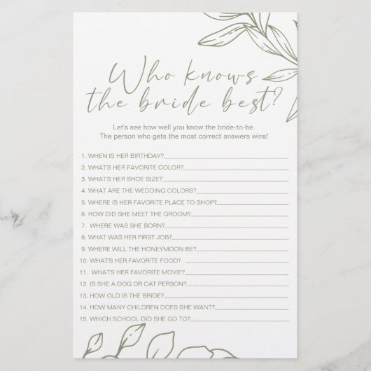 Sage Boho Bloemen Spel Wie Weet Bruid Beste Flyer (Voorkant)