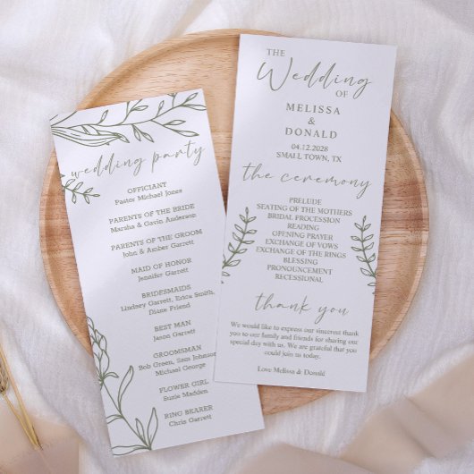 Sage Boho Flowers Simple Wedding Programme