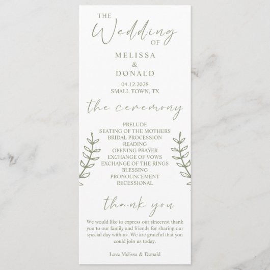 Sage Boho Flowers Simple Wedding Programme (Devant)