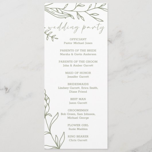 Sage Boho Flowers Simple Wedding Programme (Dos)