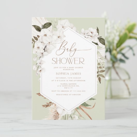 Sage boho pampas baby shower kaart (Staand voorkant)