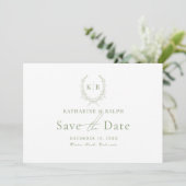 Sage Botanical Crest Monogram Bewaar de datum Kaart (Staand voorkant)