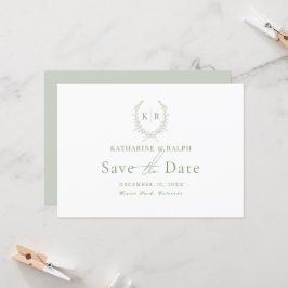Sage Botanical Crest Monogram Bewaar de datum Kaart