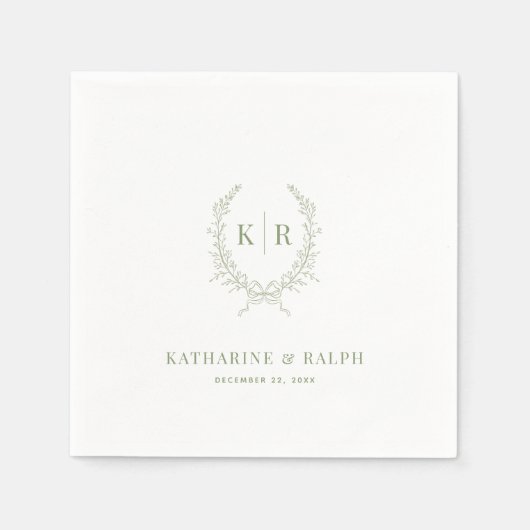 Sage Botanische & lint Crest Monogram Huwelijk Servet (Voorkant)