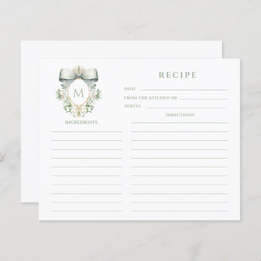 Sage Bow Crest Monogram Recept Kaart (Voorkant / Achterkant)