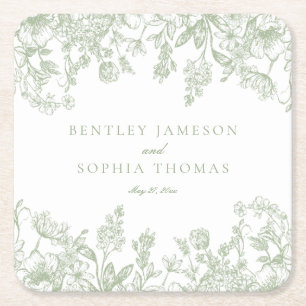 Sage Chinoiserie  Bloemen Huwelijksgunsten Vierkante Kartonnen Onderzetter