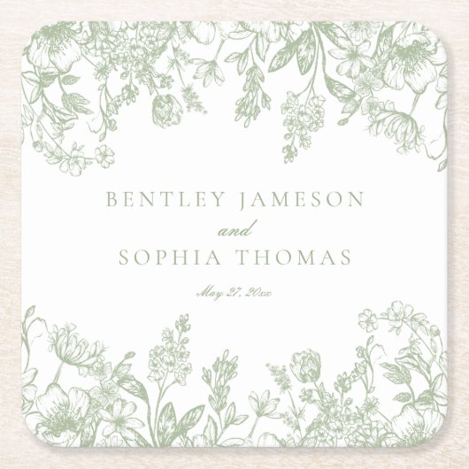 Sage Chinoiserie  Bloemen Huwelijksgunsten Vierkante Kartonnen Onderzetter (Voorkant)