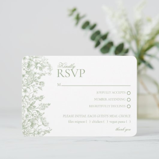 Sage Chinoiserie Floral RSVP Respose Card Informatiekaartje (Staand voorkant)