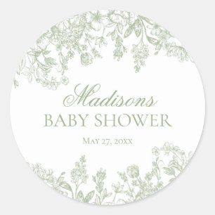Sage Chinoiserie Vintage Bloem Baby Shower Cirkel Ronde Sticker