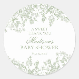 Sage Chinoiserie Vintage Bloem Baby Shower Cirkel Ronde Sticker