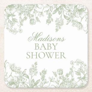 Sage Chinoiserie Vintage Bloemen Baby Shower Vierkante Kartonnen Onderzetter