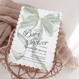 Sage Coquette Strik Neutrale Baby Shower Uitnodigi Kaart