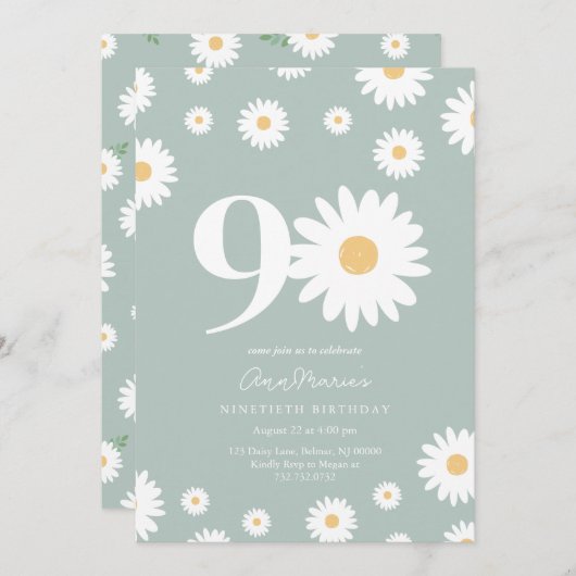 Sage Daisy 90th Birthday Invitation (Devant / Derrière)