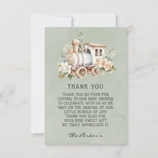 Sage Dusty Baby shower de train bleu Merci Cartes (Devant)