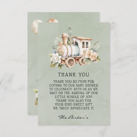 Sage Dusty Blue Train Baby shower Dank u kaarten (Voorkant / Achterkant)