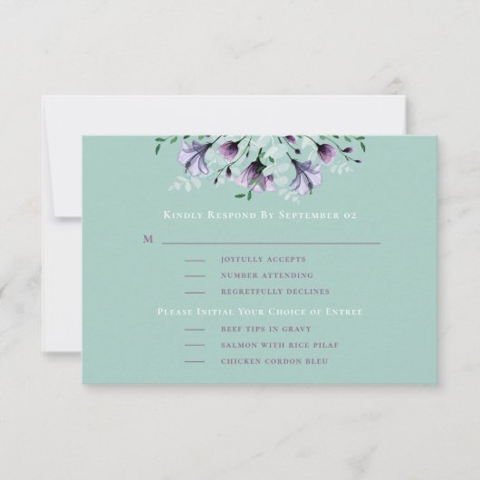 Sage Dusty Violet Romantique Menu Mariage RSVP (Devant)