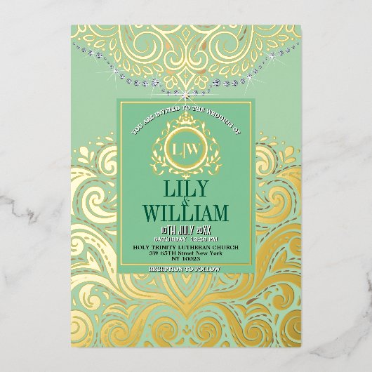 Sage Elegant Artdeco Diamond Monogram Bruiloftsgou Folie Uitnodiging (Voorkant)