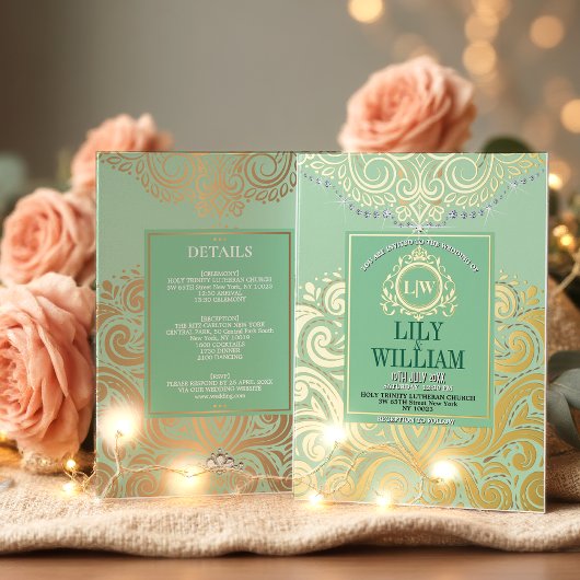 Sage Elegant Artdeco Diamond Monogram Bruiloftsgou Folie Uitnodiging