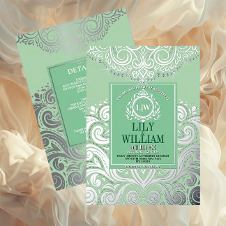Sage Elegante Artdeco Diamant Monogram Huwelijk Folie Uitnodiging